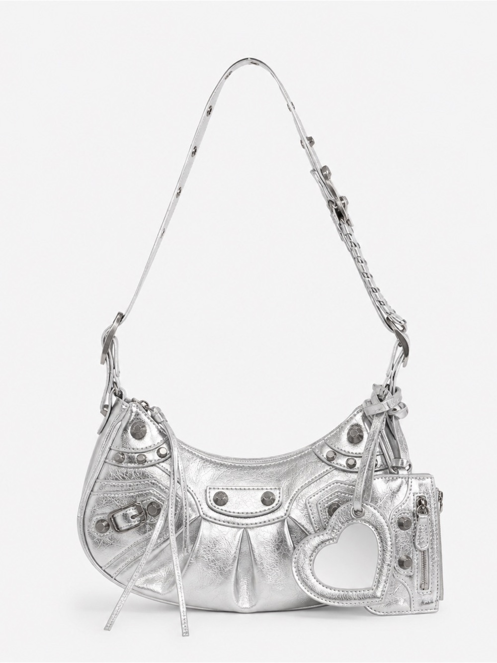 Silver Metallic Shoulder Bag with Heart Charm